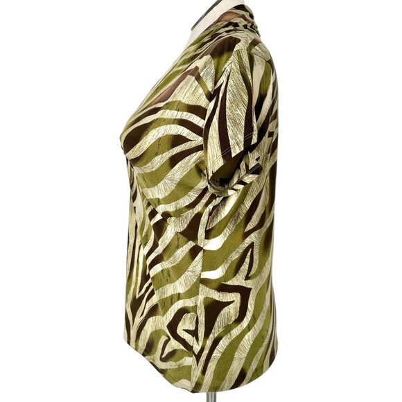 Dressbarn Blouse Womens XL Zebra Print Short Sleeve Made In USA Green Brown Gold - Picture 4 of 11